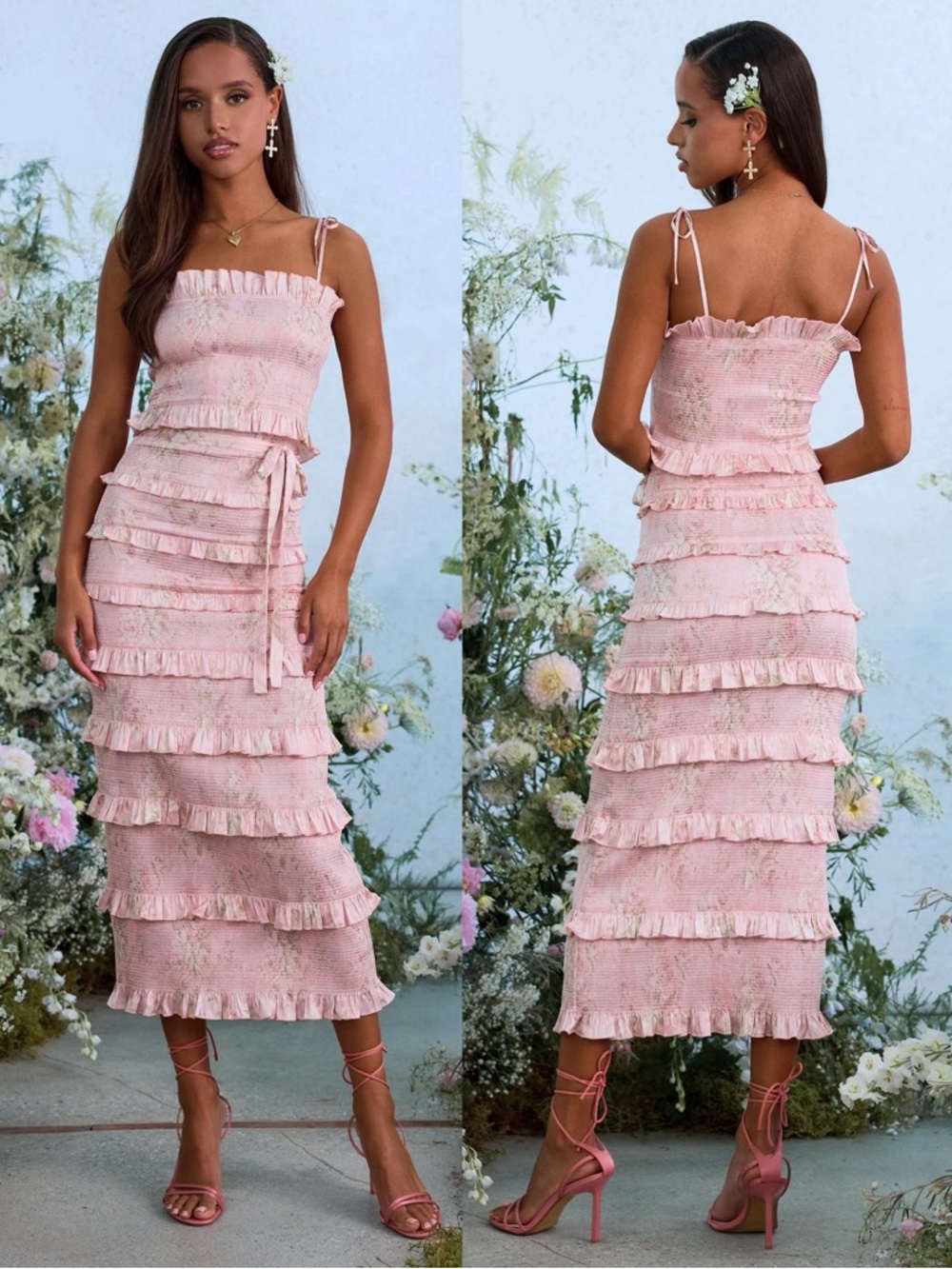 V. Chapman Lily Ruched Midi Dress Light Pink Tapestry Rose Floral NEW with tags